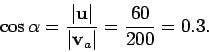 \begin{displaymath}
\cos\alpha = \frac{\vert{\bf u}\vert}{\vert{\bf v}_a\vert} = \frac{60}{200} =0.3.
\end{displaymath}