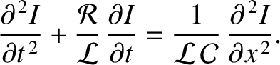 $\displaystyle \frac{\partial^{\,2} I}{\partial t^{\,2}}+ \frac{{\cal R}}{{\cal ...
... t} = \frac{1}{{\cal L}\,{\cal C}}\,\frac{\partial^{\,2} I}{\partial x^{\,2}}.
$