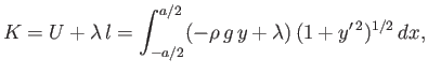 $\displaystyle K = U + \lambda\,l = \int_{-a/2}^{a/2}(-\rho\,g\,y+\lambda)\,(1+y'^{\,2})^{1/2}\,dx,$