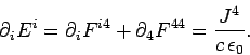 \begin{displaymath}
\partial_i E^i = \partial_i F^{i4} +\partial_4 F^{44} = \frac{J^4}{c \epsilon_0}.
\end{displaymath}