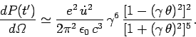 \begin{displaymath}
\frac{dP(t')}{d{\mit\Omega}} \simeq \frac{e^2  \dot{u}^2}{2...
...^6 \frac{[1-(\gamma \theta)^2]^2}{[1+(\gamma \theta)^2]^5}.
\end{displaymath}