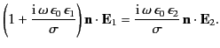 $\displaystyle \left(1+ \frac{{\rm i}\,\omega\,\epsilon_0\,\epsilon_1}{\sigma} \...
...frac{{\rm i}\,\omega\, \epsilon_0\,\epsilon_2}{\sigma}\, {\bf n}\cdot{\bf E}_2.$