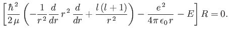 $\displaystyle \left[\frac{\hbar^{\,2}}{2\,\mu} \left(-\frac{1}{r^{\,2}} \frac{d...
...l\,(l+1)}{r^{\,2}}\right) -\frac{e^{\,2}}{4\pi\,\epsilon_0\,r}- E\right] R = 0.$