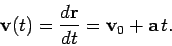 \begin{displaymath}
{\bf v}(t) = \frac{d{\bf r}}{dt}= {\bf v}_0 + {\bf a} t.
\end{displaymath}