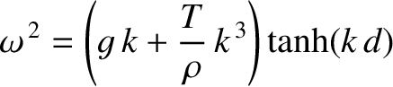 $\displaystyle \omega^{\,2} = \left(g\,k + \frac{T}{\rho}\,k^{\,3}\right)\tanh(k\,d)
$