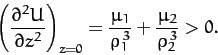 \begin{displaymath}
\left(\frac{\partial^2 U}{\partial z^2}\right)_{z=0} = \frac{\mu_1}{\rho_1^{\,3}} + \frac{\mu_2}{\rho_2^{\,3}}>0.
\end{displaymath}