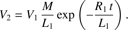 $\displaystyle V_2 = V_1\, \frac{M}{L_1} \exp\left(- \frac{R_1\, t}{L_1}\right).$