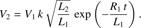 $\displaystyle V_2 = V_1 \,k \sqrt{\frac{L_2}{L_1}} \,\exp\left(- \frac{R_1\, t}{L_1}\right).$