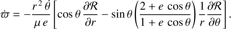 $\displaystyle \dot{\varpi} = -\frac{r^{\,2}\,\skew{5}\dot{\theta}}{\mu\,e}\left...
...e\,\cos\theta}\right)\frac{1}{r}\frac{\partial{\cal R}}{\partial\theta}\right].$