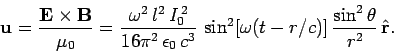 \begin{displaymath}
{\bf u} = \frac{ {\bf E} \times{\bf B}}{\mu_0} = \frac{\omeg...
...sin^2[\omega(t-r/c)]  \frac{\sin^2\theta}{r^2} 
\hat{\bf r}.
\end{displaymath}