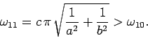 \begin{displaymath}
\omega_{11} = c \pi \sqrt{\frac{1}{a^2}+\frac{1}{b^2}}>\omega_{10}.
\end{displaymath}