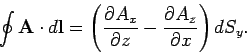\begin{displaymath}
\oint {\bf A} \cdot d{\bf l} = \left(\frac{\partial A_x}{\partial z}-
\frac{\partial A_z}{\partial x}\right) dS_y.
\end{displaymath}