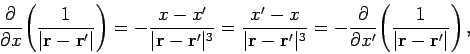 \begin{displaymath}
\frac{\partial}{\partial x}\! \left(\frac{1}{\vert{\bf r} - ...
...ial x'} \!\left(\frac{1}{\vert{\bf r} - {\bf r}'\vert}\right),
\end{displaymath}