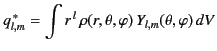 $\displaystyle q_{l,m}^{\,\ast}= \int r^{\,l}\,\rho(r,\theta,\varphi)\,Y_{l,m}(\theta,\varphi)\,dV$