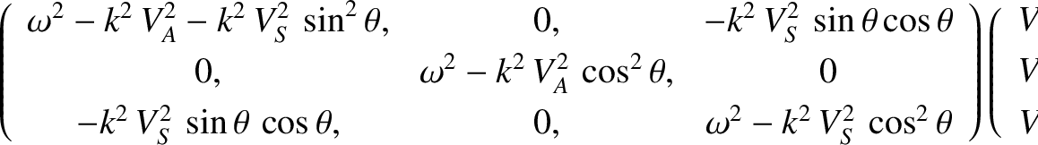 \begin{displaymath}\left(
\begin{array}{ccc}
{ \omega^2 - k^2\,V_A^{2} -k^2\,V_S...
...}{c}V_x\\ [0.5ex]
V_y\\ [0.5ex] V_z\end{array}\right) = {\bf0}.\end{displaymath}