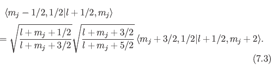\begin{multline}
\langle m_j-1/2, 1/2\vert l+1/2, m_j\rangle\\ [0.5ex] =\sqrt{\f...
.../2}{l+m_j+5/2}} \, \langle m_j+3/2, 1/2\vert l+1/2, m_j+2\rangle.
\end{multline}