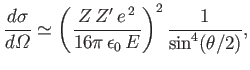 $\displaystyle \frac{d\sigma}{d{\mit\Omega}} \simeq\left(\frac{Z \,Z'\, e^{\,2}}{16\pi\,\epsilon_0\,E}\right)^2 \frac{1}{\sin^4(\theta/2)},$