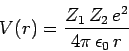 \begin{displaymath}
V(r) = \frac{Z_1 Z_2 e^2}{4\pi \epsilon_0 r}
\end{displaymath}