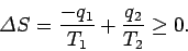 \begin{displaymath}
{\mit\Delta} S = \frac{-q_1}{T_1} + \frac{q_2}{T_2} \geq 0.
\end{displaymath}